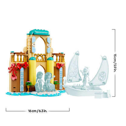 LEGO Wicked set featuring Glinda, Elphaba, and Nessarose mini dolls with accessories and a boat at Shiz University.