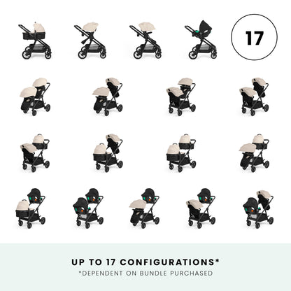 Ickle Bubba Virgo Growing Family 11 Piece Pram – Single to Double Tandem Pushchair with Carrycot, Footmuffs, Rain Covers & Accessories, Suitable from Birth (Stone)