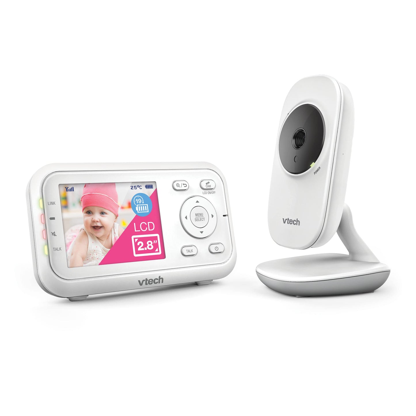 VTech VM3250 video baby monitor with camera, 2.8" LCD screen, night vision, long-range, and soothing sounds for infant monitoring.