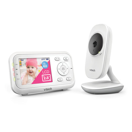 VTech VM3250 video baby monitor with camera, 2.8" LCD screen, night vision, long-range, and soothing sounds for infant monitoring.