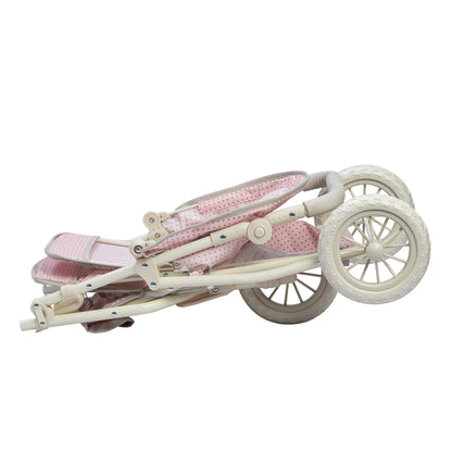 Olivia's Little World Double Jogging-Style Pram for Baby Dolls with Tandem Seating for Dolls and Stuffed Animals with a Retractable Canopy, Storage Basket, All-Terrain Wheels, Cream and Pink with Grey