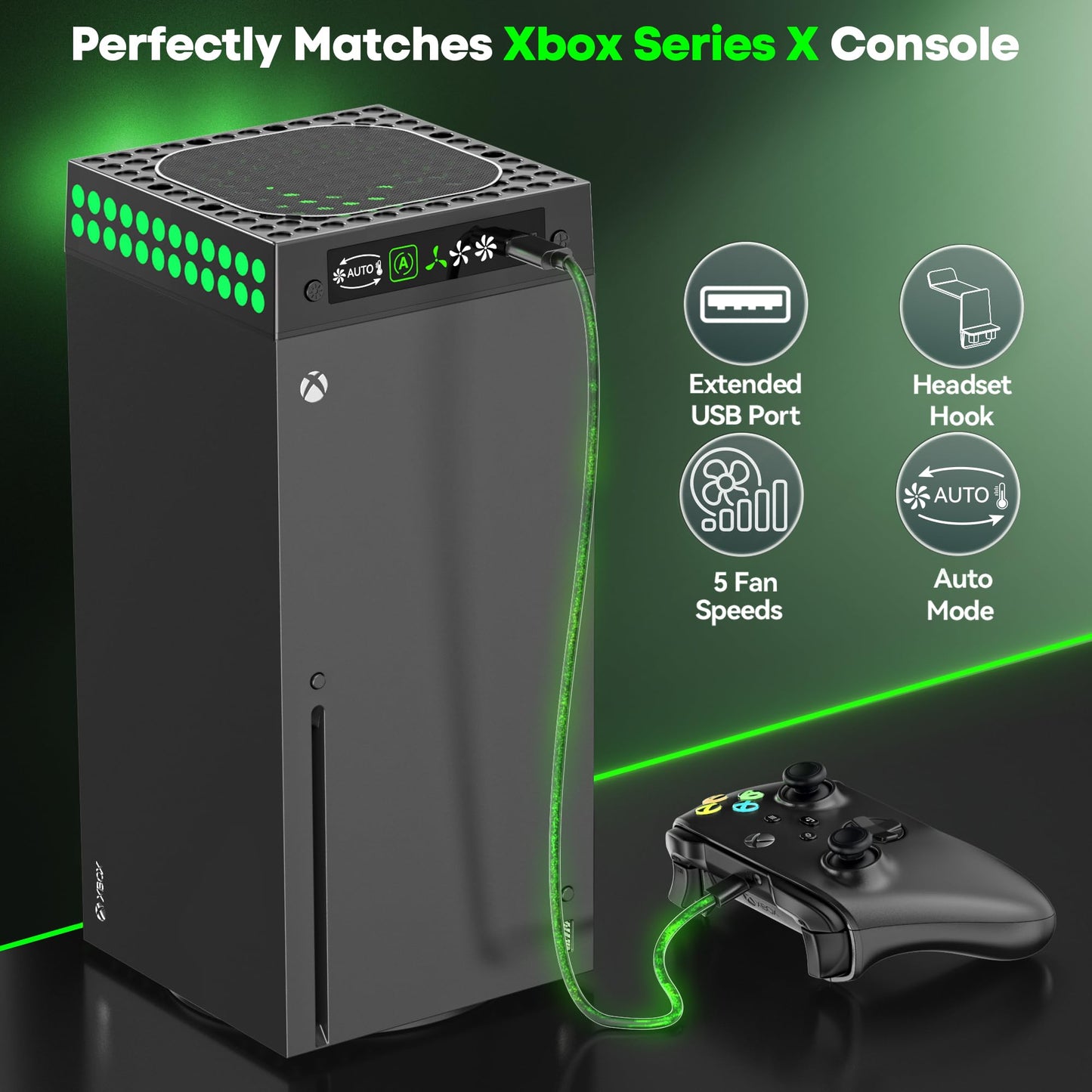 Kosker Xbox Series X cooling fan dust cover with 9 RGB lights, built-in auto-adjustable fan, and headset holder in a sleek design.