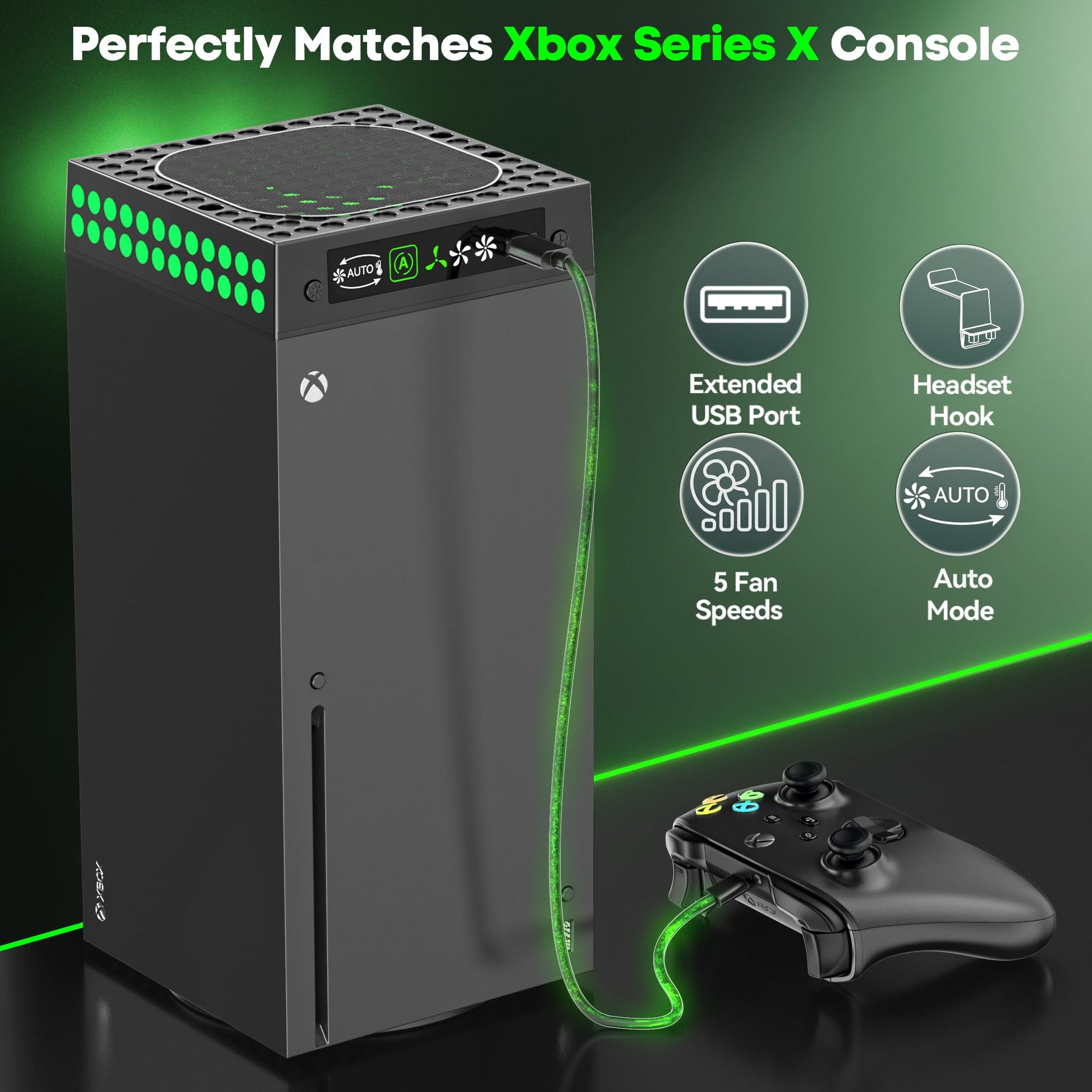Kosker Xbox Series X cooling fan dust cover with 9 RGB lights, built-in auto-adjustable fan, and headset holder in a sleek design.