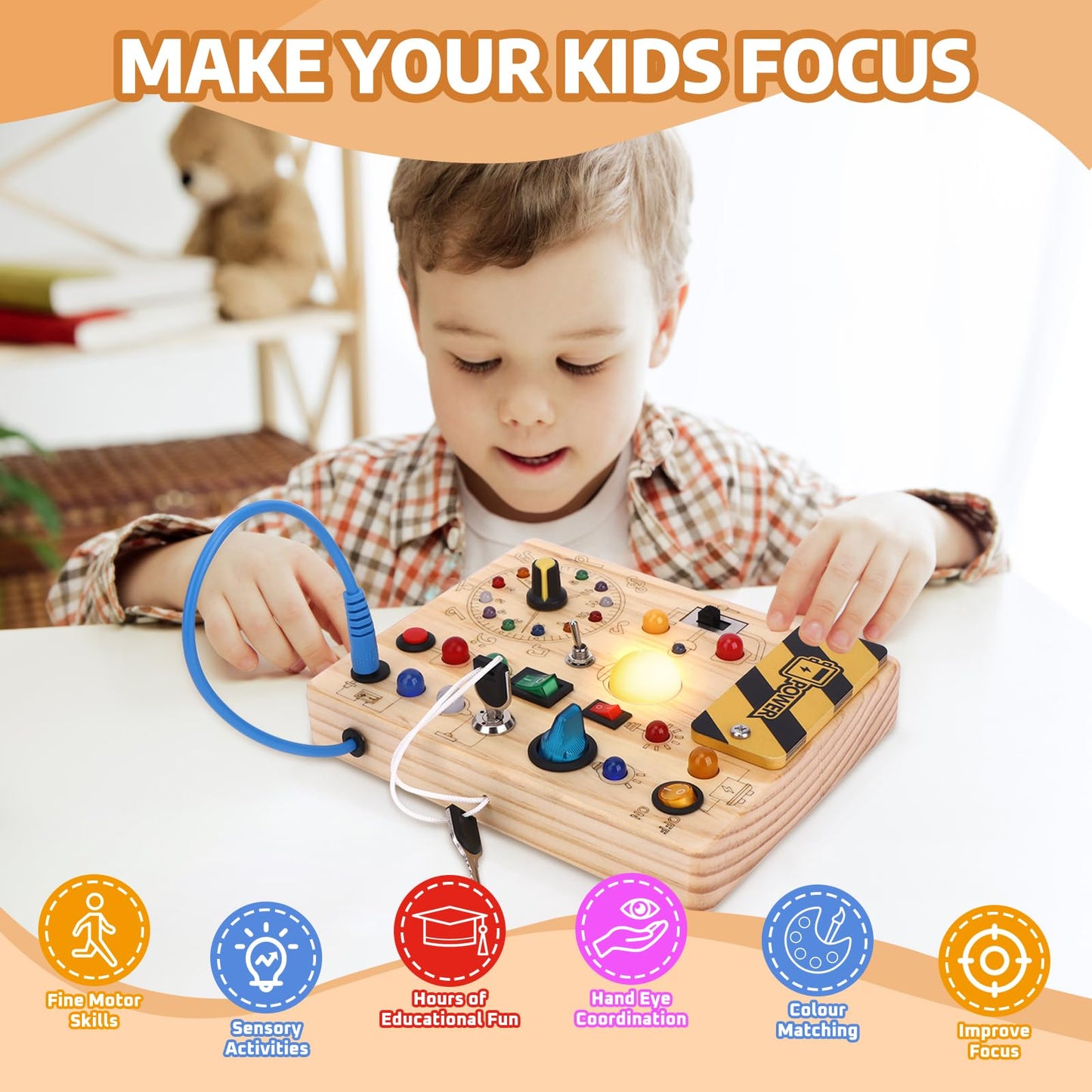 Konijiwa Busy Board Montessori Activity Board With 10 Switches and 23 LED Lights - Wooden Sensory Toy for Fine Motor Skills - for Babies and Toddlers 1-4 Years Old Boys and Girls