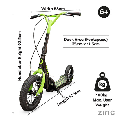 Zinc Radikal BMX Scooter for Kids Ages 6+ – 12 Inch Big Wheel Stunt Scooters with 360 Degree Handlebar Spin, Front & Rear Brakes, Steel Frame, Off-Road Tyres, Green & Black