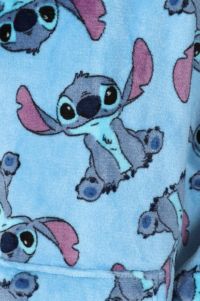 Disney Lilo and Stitch girls' oversized blue fleece hoodie blanket featuring animated character print and cozy, soft fabric.