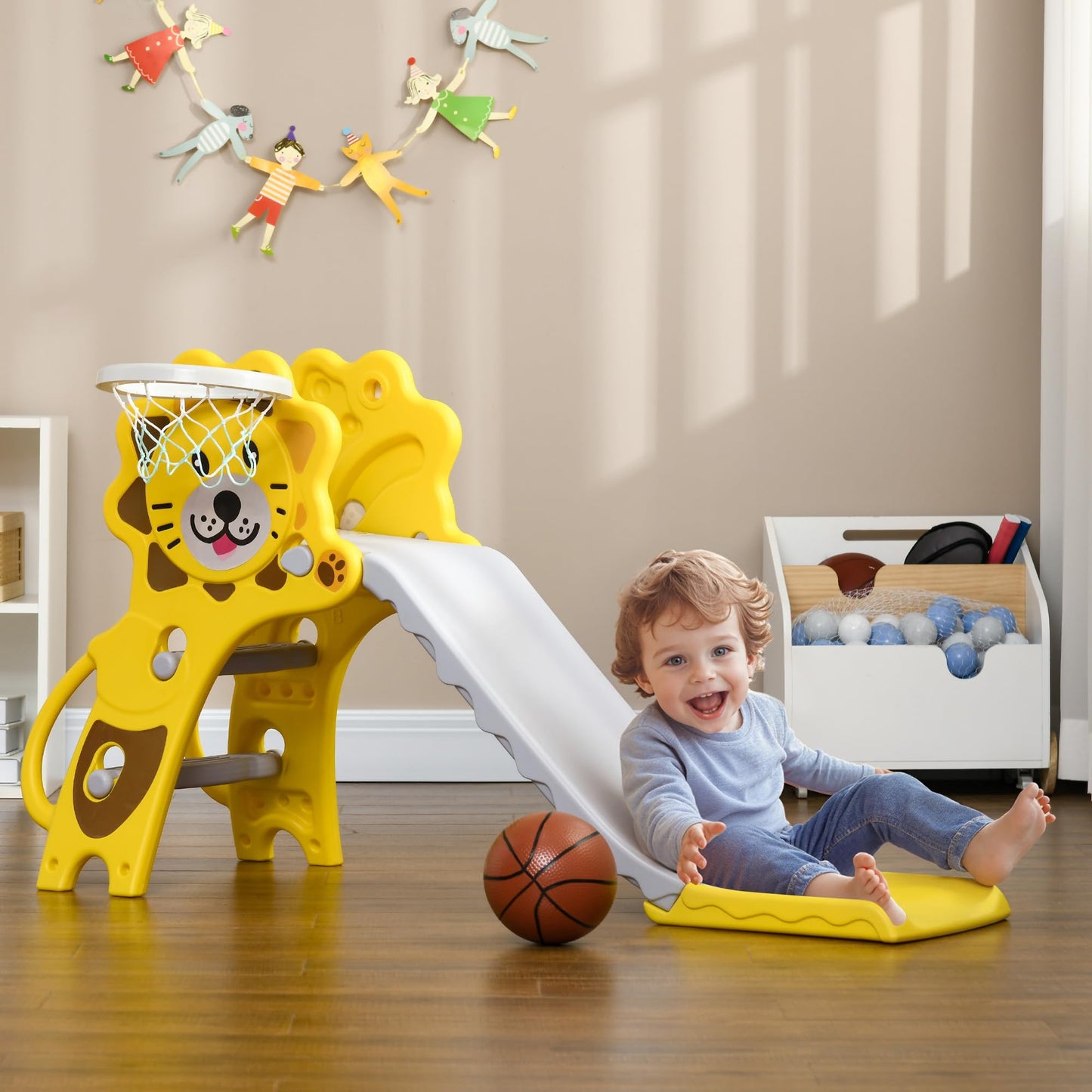 AIYAPLAY Kids Slide 3 in 1 Freestanding Toddler Slide with Climber, Basketball Hoop, Basketball, Lion-Themed for Ages 18-36 Months - Yellow