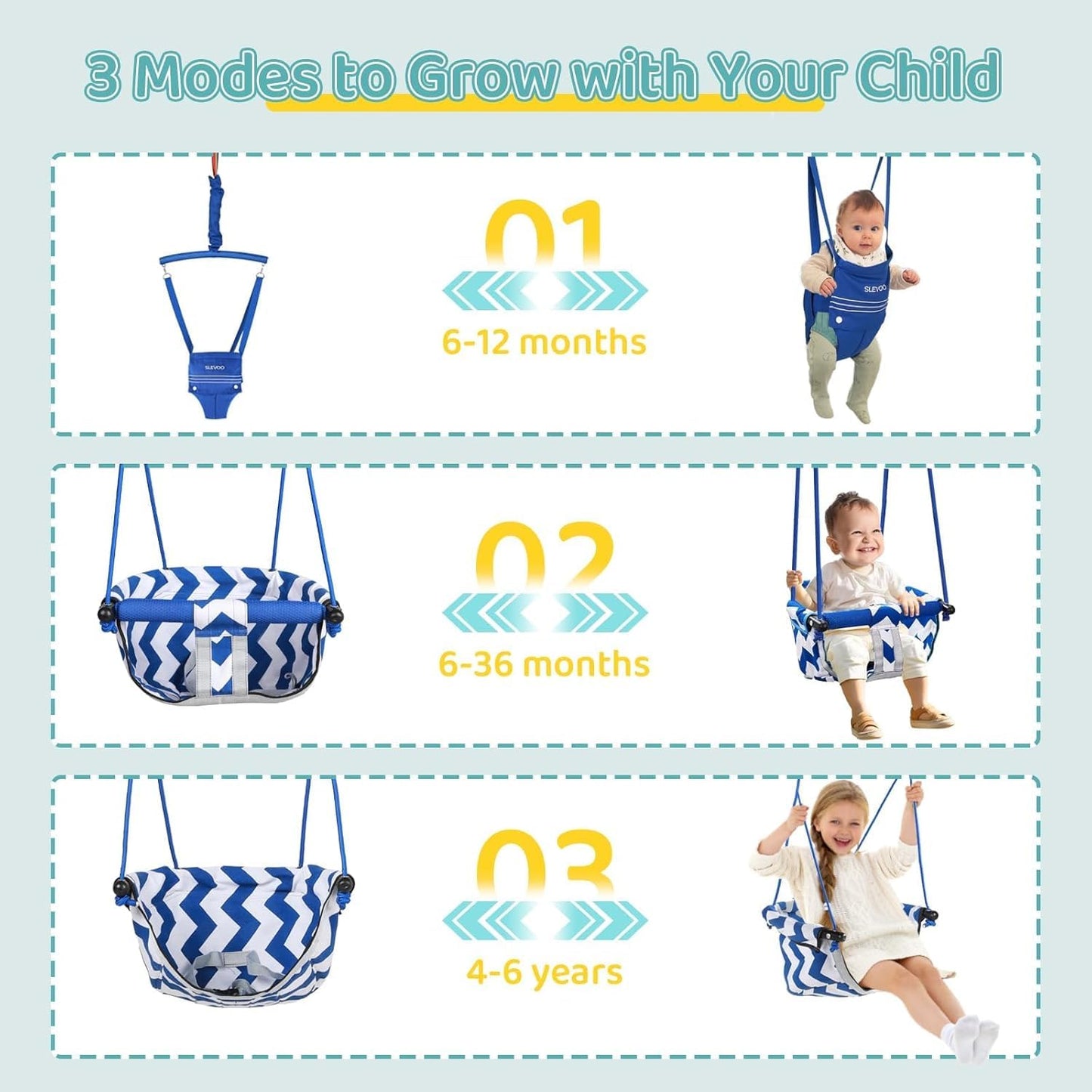 Blue Slevoo 2-in-1 baby jumper and toddler swing set with foldable metal frame for indoor and outdoor play, supports up to 200 lbs.