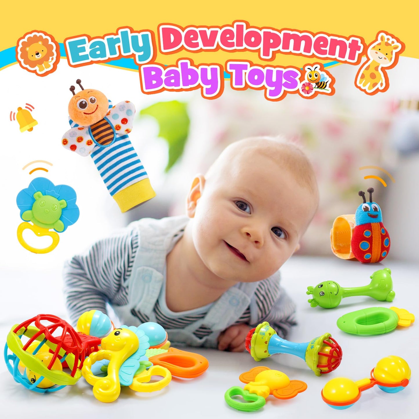 Wootoyz Baby Toys for 0 3 6 9 12 Months Rattle Toys with Storage Box,Newborn Toys for 0-12 Months Infant Toys Wrist Socks Set 0-6 Months Baby Teething Sensory Toys for Babies 6-18 Months Newborn Gift