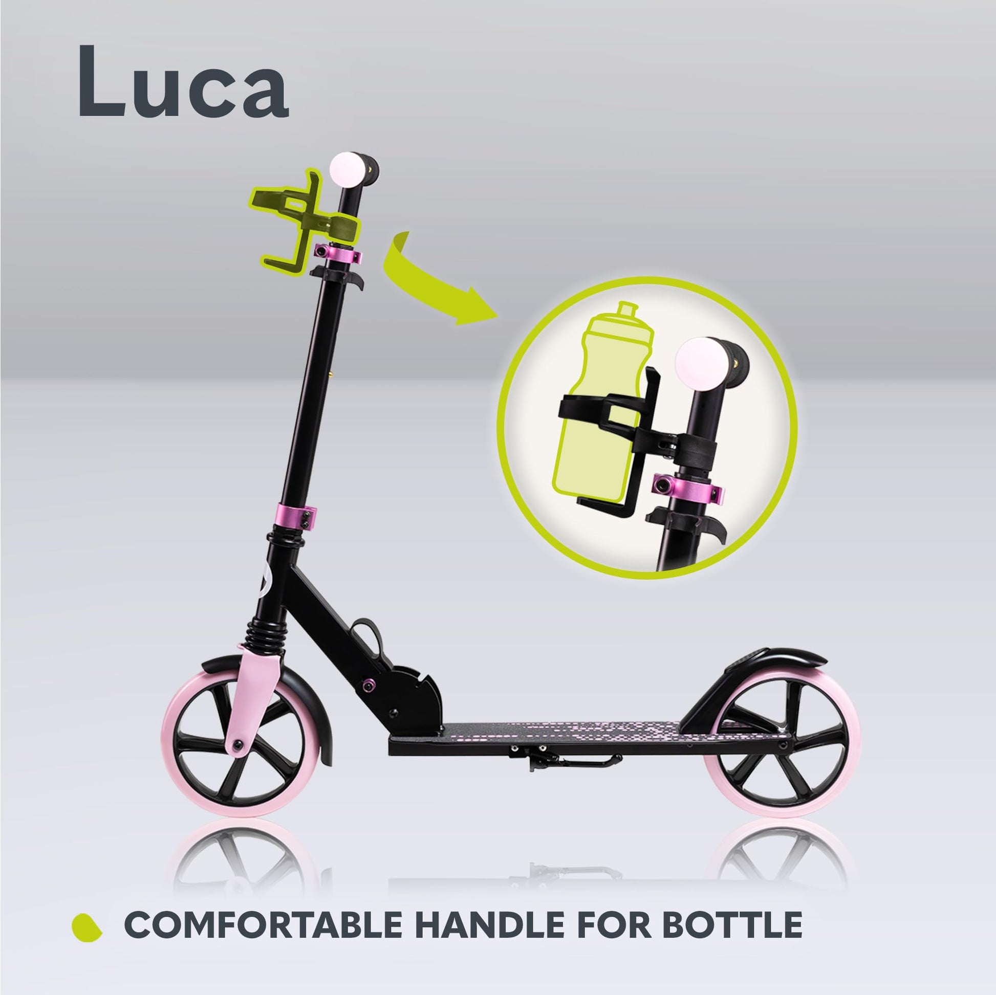 Lionelo Luca lightweight foldable scooter for kids and teens, featuring adjustable handlebars and 20cm wheels.