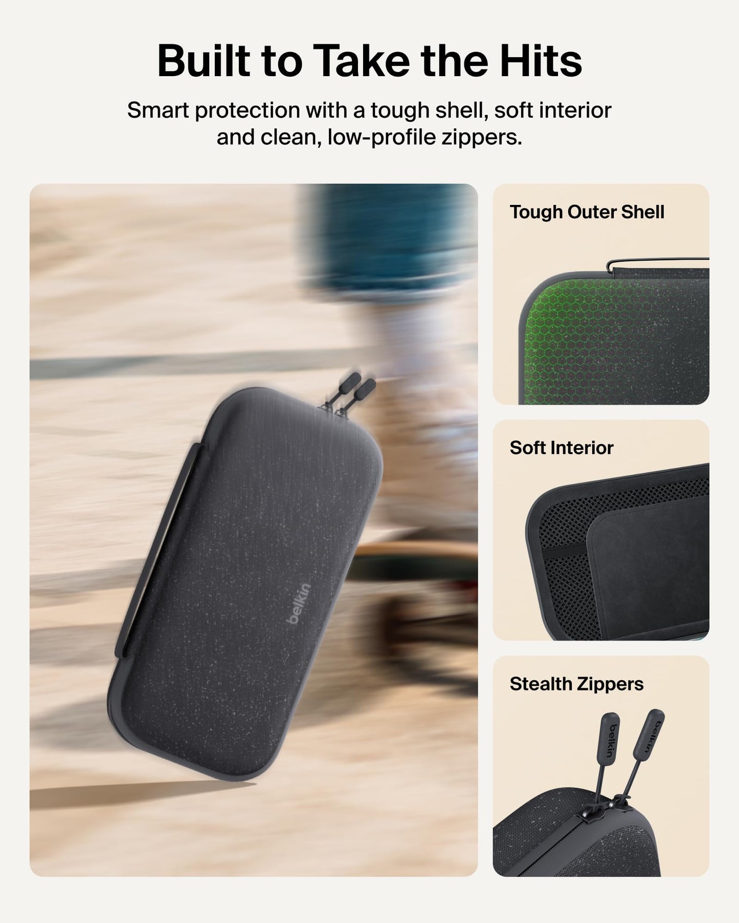 Belkin Gaming Nintendo Switch 2 charger case with 10,000mAh power bank, LCD display, 20W fast charging, charcoal color, holder for AirTag.