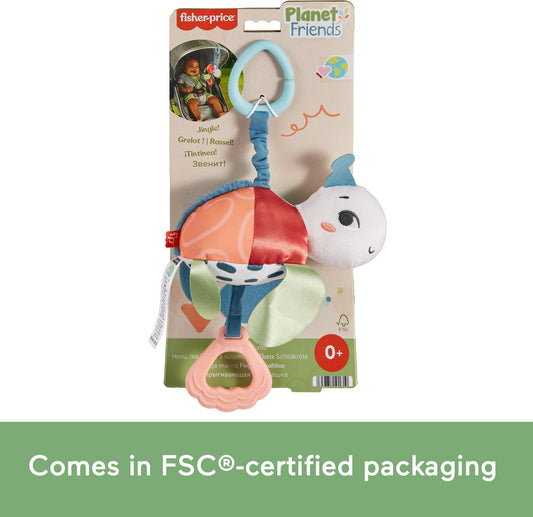 Fisher-Price Baby Stroller Toy Planet Friends Sea Me Bounce Turtle with teether, bouncing motion, and sounds for newborns.