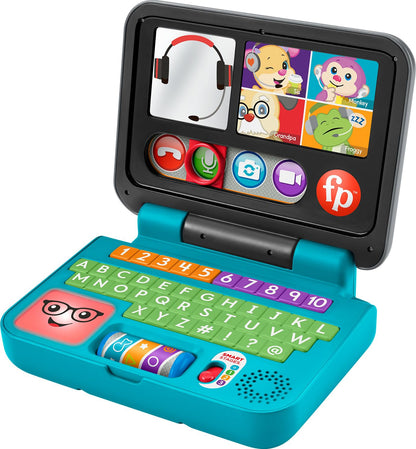 Fisher-Price Laugh & Learn Let's Connect Laptop toy for infants, featuring colorful buttons and Smart Stages learning content.