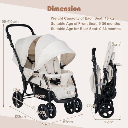Foldable Twin Stroller, Double Baby Pushchair w/Multi-Level Backrest, Canopy, Handle & Footrest, Safety Belt & Brake System, Travel Tandem Seating Stroller w/Lockable Wheels (Beige)