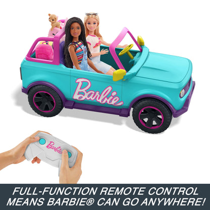 Hot Wheels Barbie remote control SUV with space for 2 dolls, accessories, and customizable kid-applied stickers.