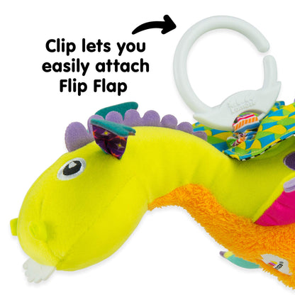 LAMAZE Flip Flap Dragon sensory clip toy for newborns, colorful plush baby toy for prams and pushchairs.