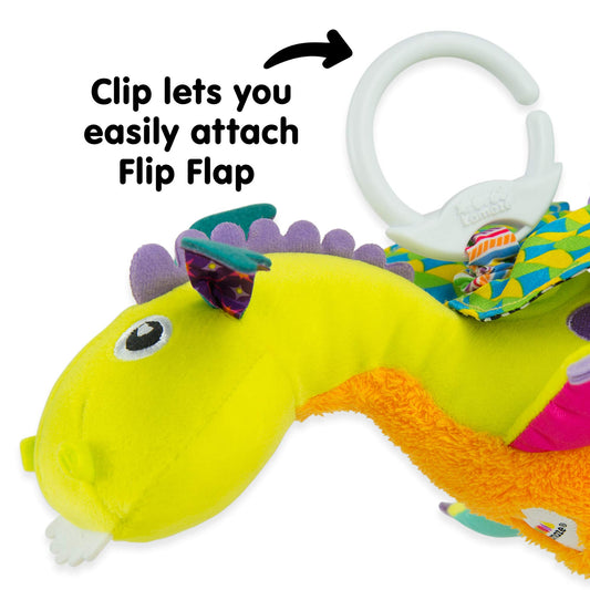 LAMAZE Flip Flap Dragon sensory clip toy for newborns, colorful plush baby toy for prams and pushchairs.