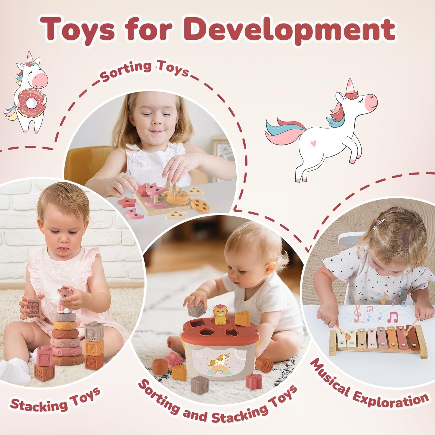Almaxi 5-in-1 Montessori baby toys for 6-12 months including stacking rings, blocks, shape sorter, and xylophone.