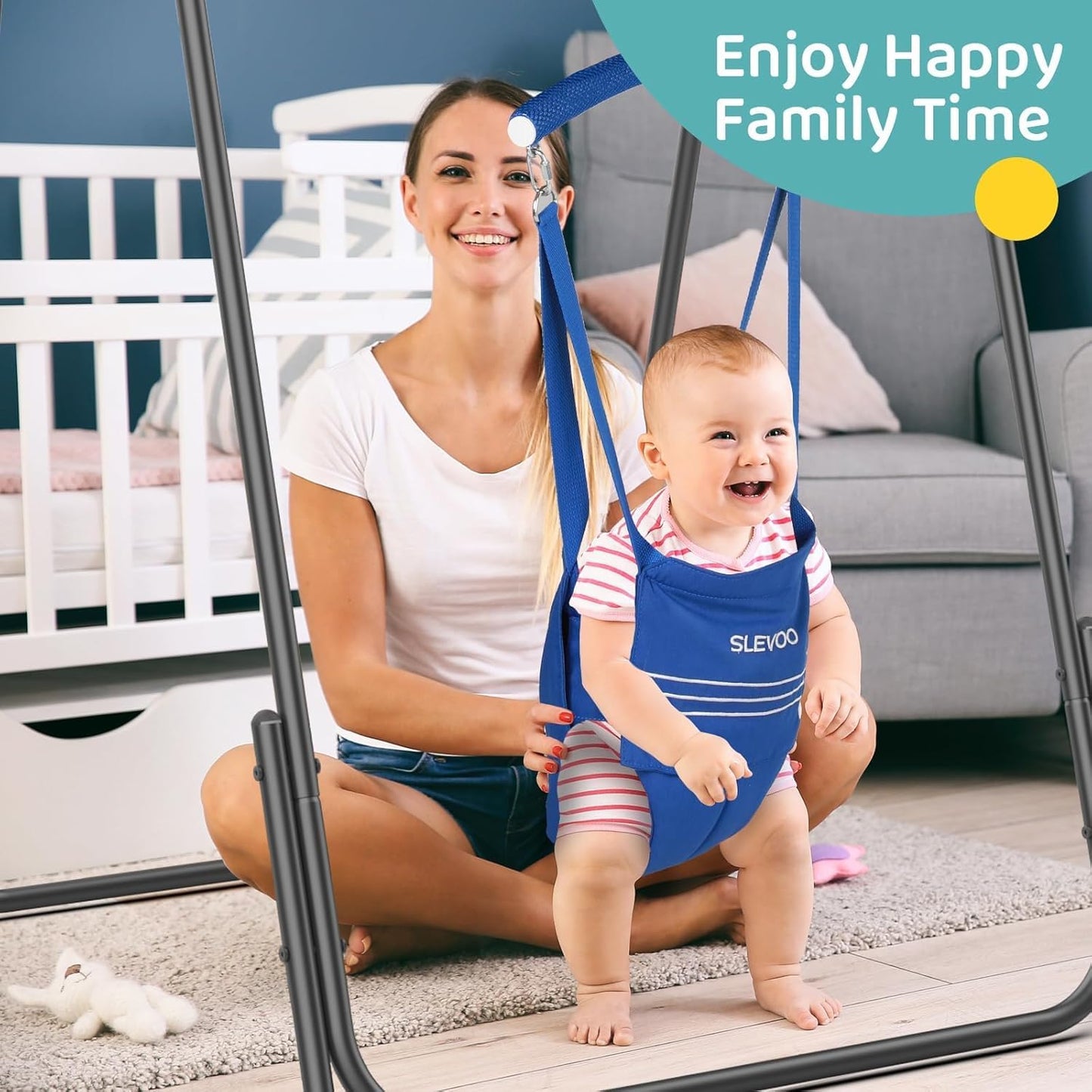 Blue Slevoo 2-in-1 baby jumper and toddler swing set with foldable metal frame, suitable for ages 6 months to 6 years.