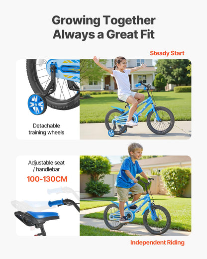 VEVOR Kids Bike, 40.64 cm BMX Style Children Bicycle, Rider Height 100 cm - 130 cm, Training Wheels Included, Sturdy and Easy to Assemble, Toddler Bike for Boys & Girls Learning to Ride, Blue