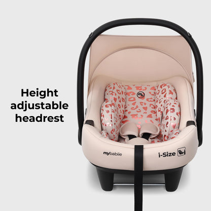 My Babiie MBCS02 i-Size Baby Car Seat - 40-87cm (Birth to 15 Months Approx.), R129, Group 0+, Lightweight Infant Carrier, Large Canopy, Newborn Insert, Adjustable Headrest - Pink Leopard