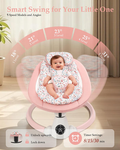 Portable Uuoeebb baby bouncer and swing with floral design, Bluetooth, 5 swing speeds, lullabies, 5-point harness, remote, indoor/outdoor.