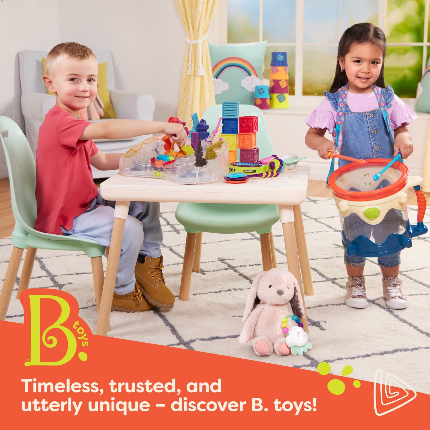 Pink plush bunny toy from B. toys, 12-inch huggable stuffed animal, soft, washable, perfect for newborns and toddlers.
