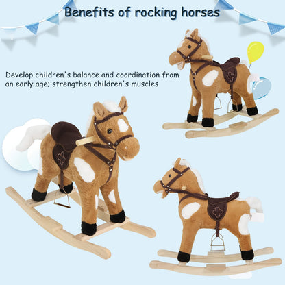 WOLTU Wooden Baby Rocking Horse, Plush Ride-on Toy with Sound and Stirrups, Toddler Rocker for Kids Aged 1–3, Brown, Seat Height 44cm