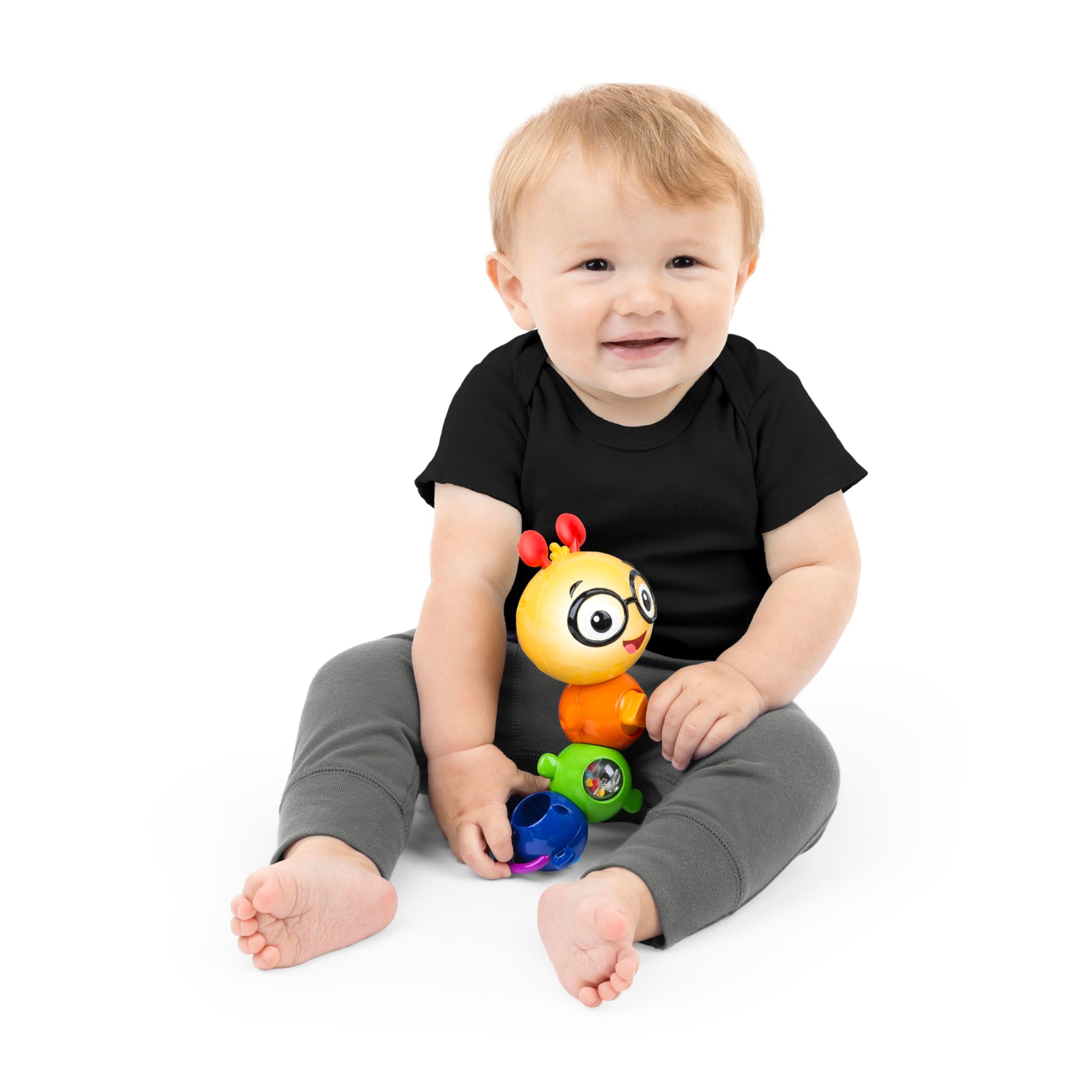 Baby Einstein Twist-a-Pal Cal sensory toy with colorful beads, music, and textured surfaces for babies 6 months and up.