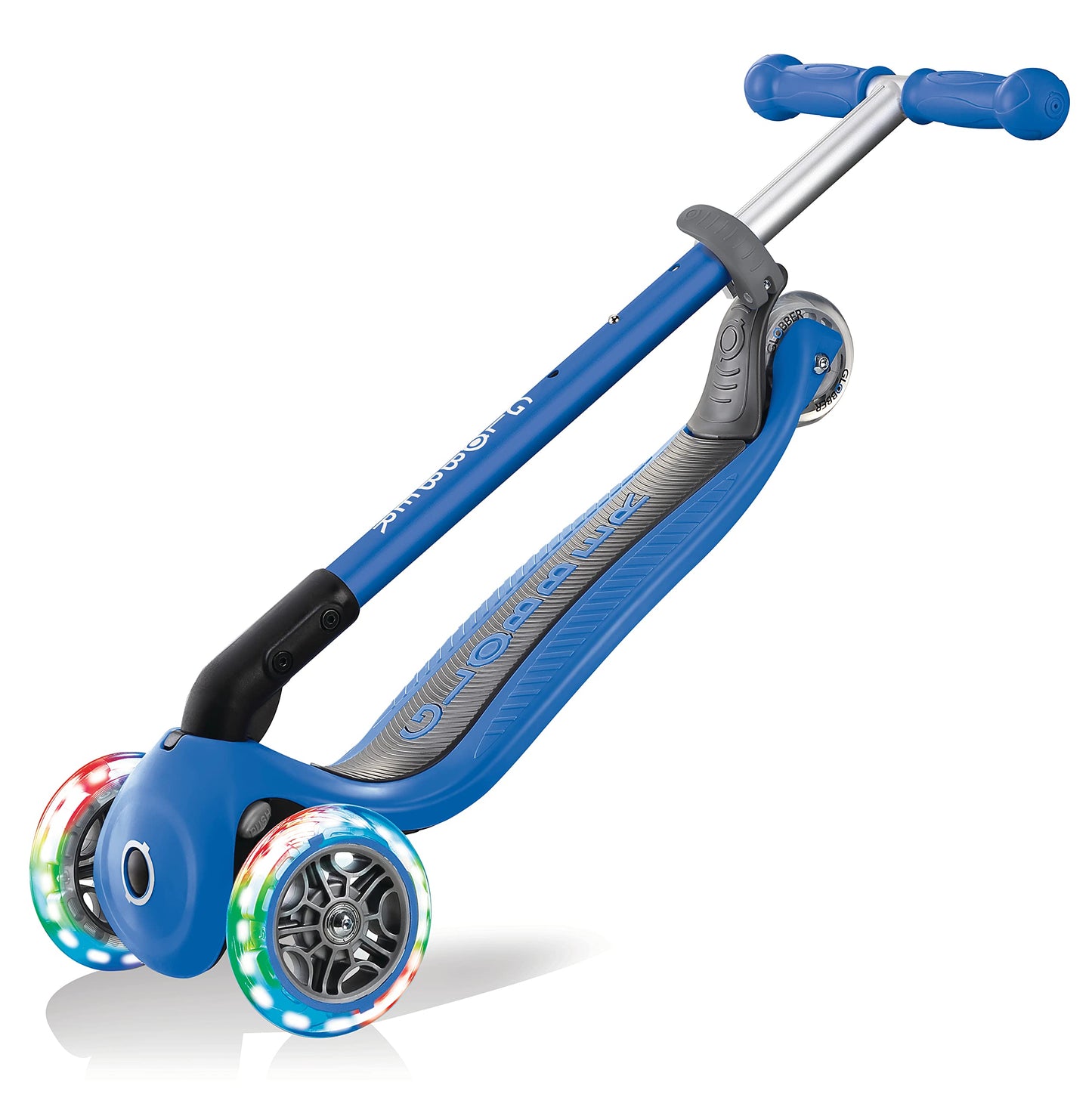 Globber Primo Foldable Lights Kids Scooter 120/80mm ABEC 5 3 Wheel Height Adjustable LED Wheels Dark Blue