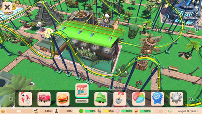 Atari RollerCoaster Tycoon Adventures Deluxe video game for Switch, featuring colorful game cover art with roller coaster graphics.
