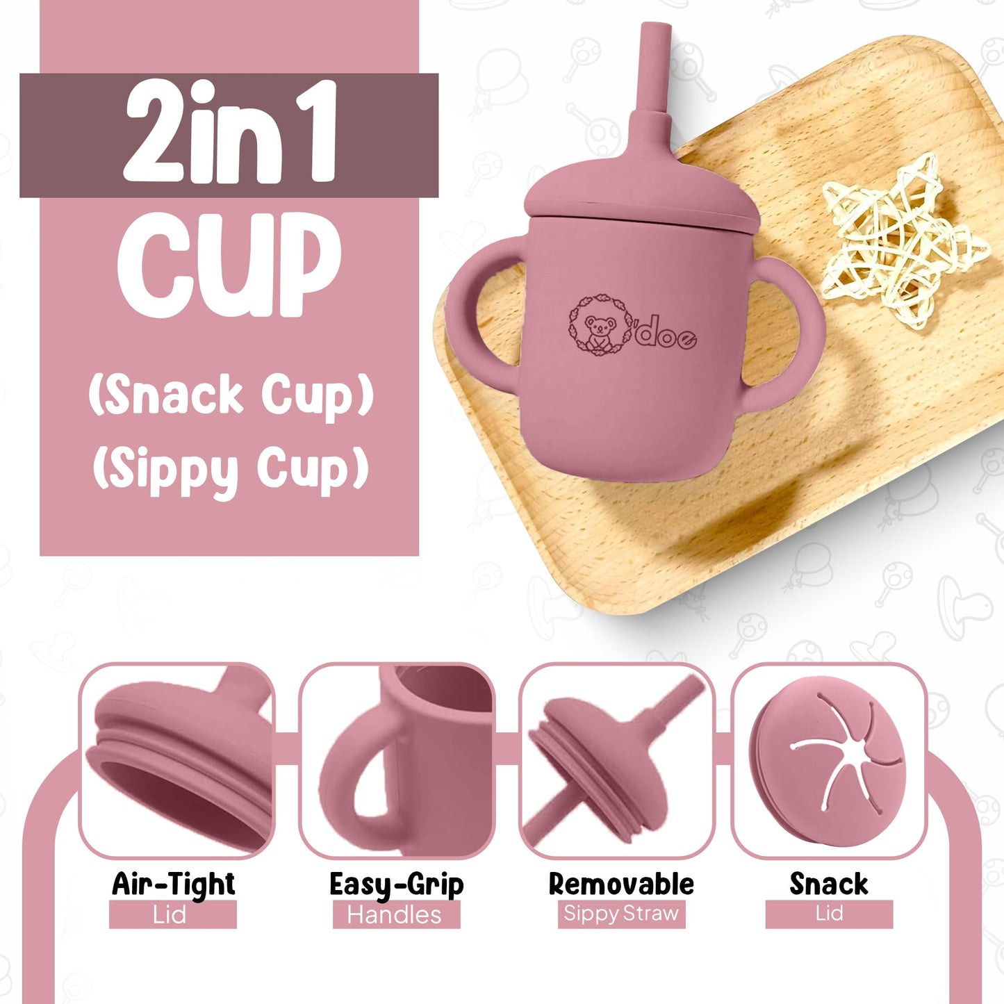 O'doe 17-Piece Baby Weaning Set | Led Weaning Supplies for Toddlers | Silicone Feeding Set BPA-Free, Bowl, Self-Eating Utensils, Spoons, Bibs, Sippy Cup, Food Plate Kit With Lid | Pink V2
