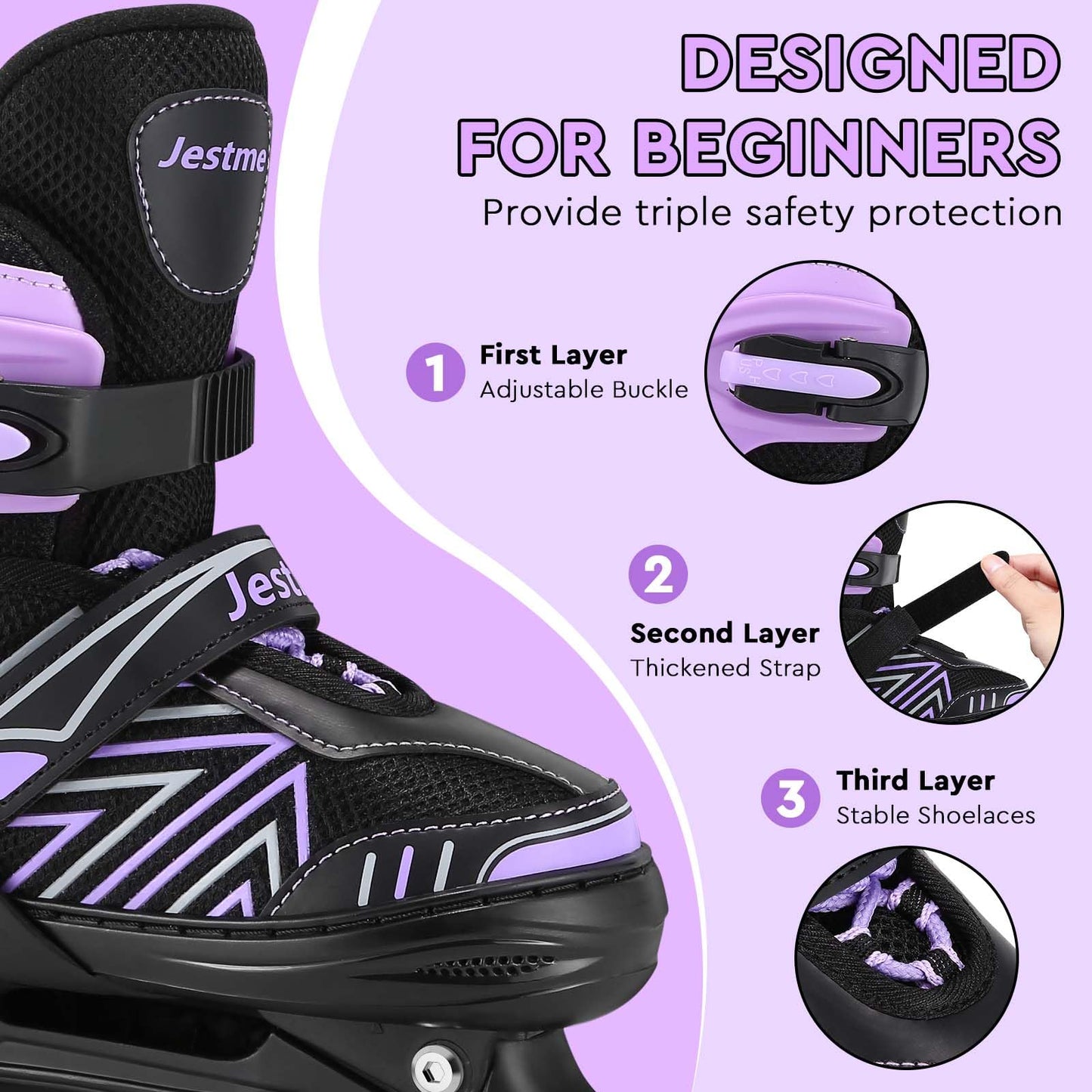 Kids adjustable roller skates for girls and boys with light-up wheels, suitable for indoor and outdoor use by beginners.