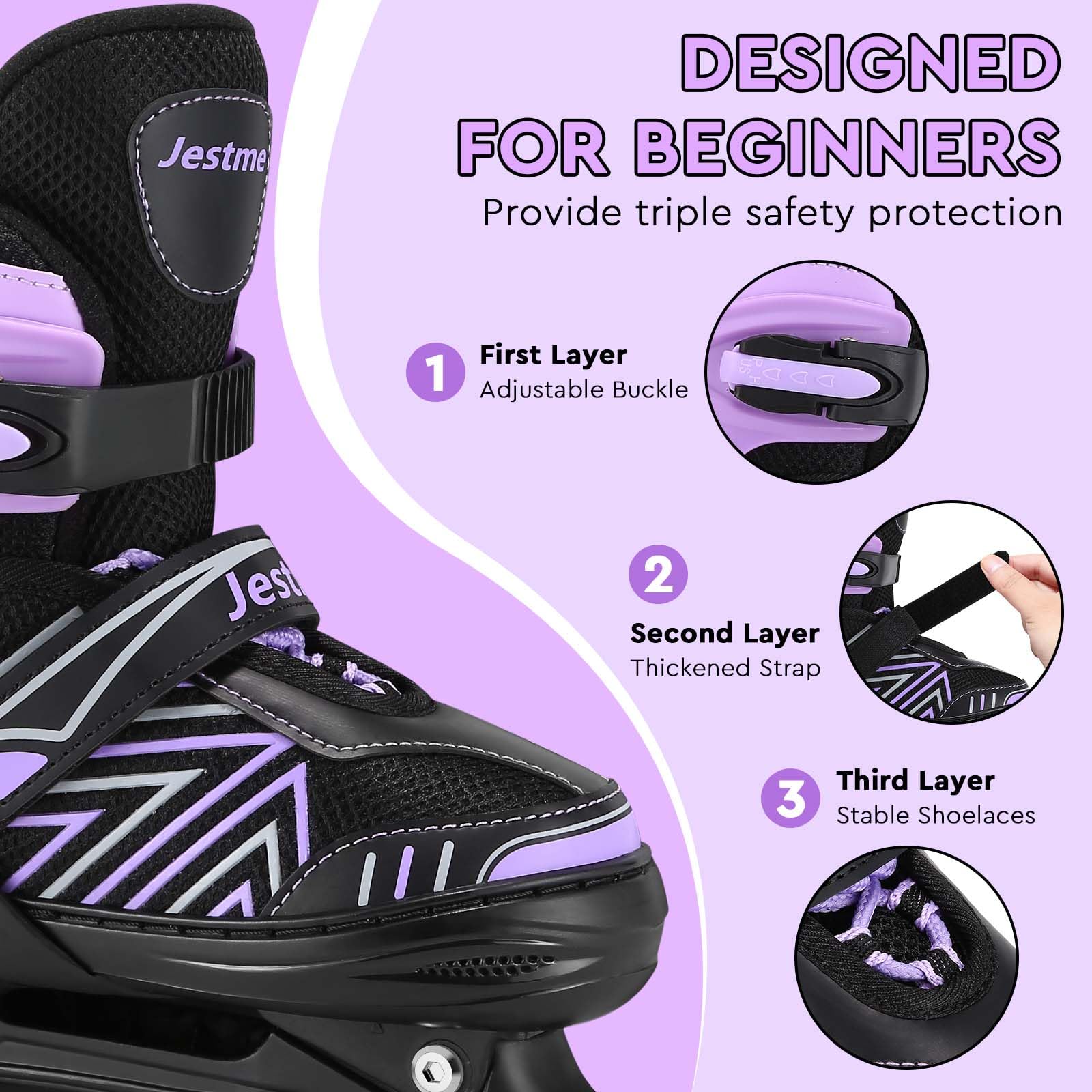Kids adjustable roller skates for girls and boys with light-up wheels, suitable for indoor and outdoor use by beginners.