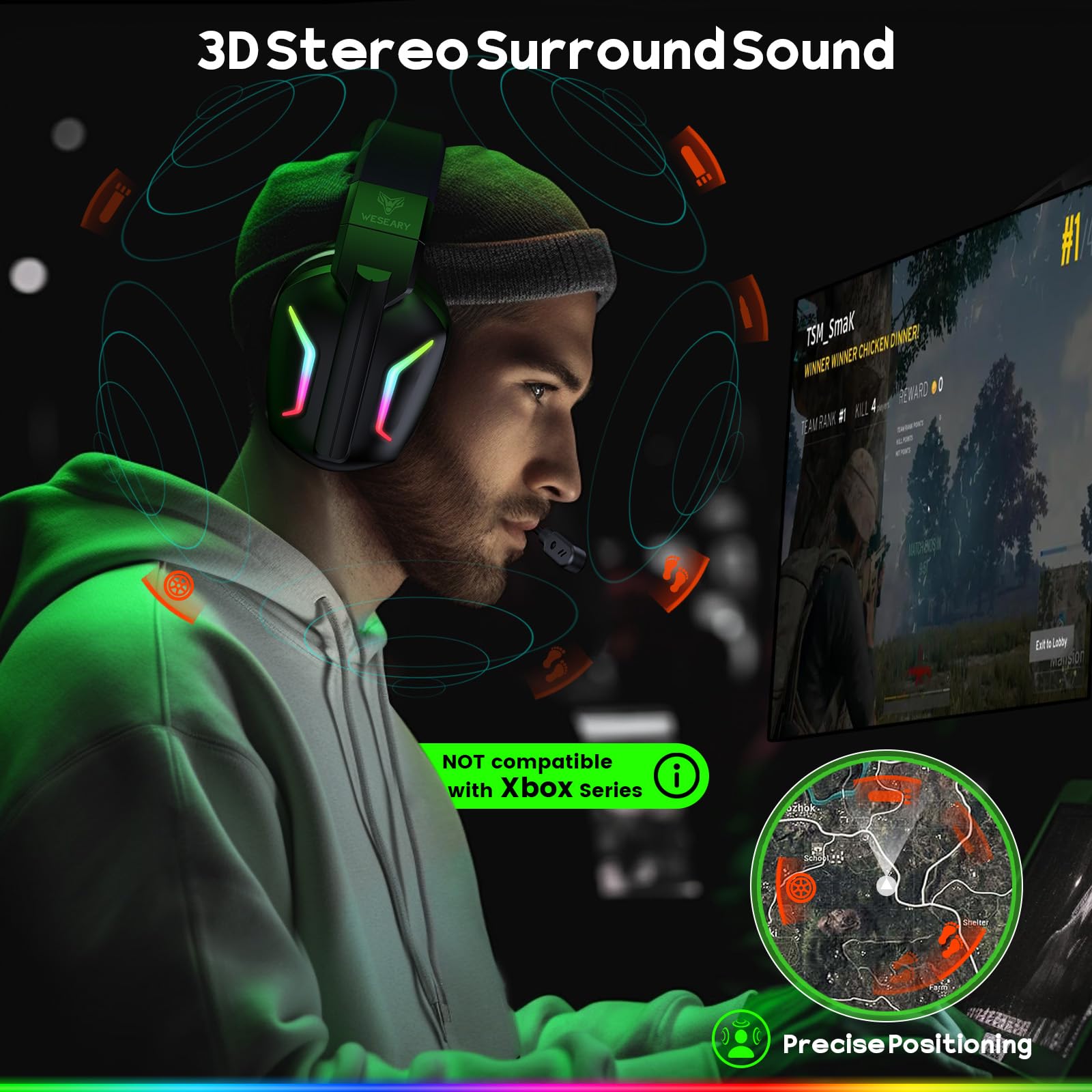 WESEARY wireless gaming headset for PS5, PS4, PC, Switch, Mac with 50mm stereo drivers, LED lights, and adjustable microphone.