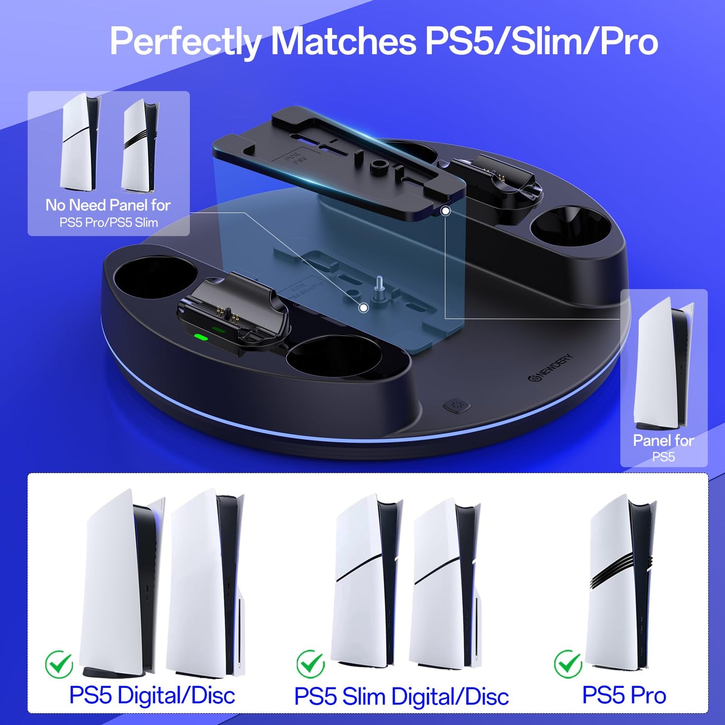 NEWDERY PS5 stand and dual controller charger station with RGB lighting, black vertical stand for PlayStation 5 digital and disc consoles.
