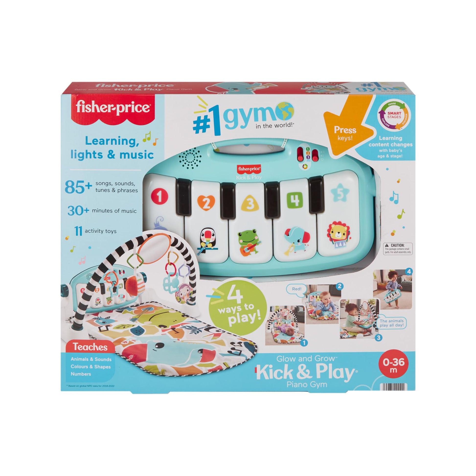 Fisher-Price Baby Activity Mat Glow and Grow Kick & Play Piano Gym with colorful toys and musical piano, suitable for infants 0+ months.