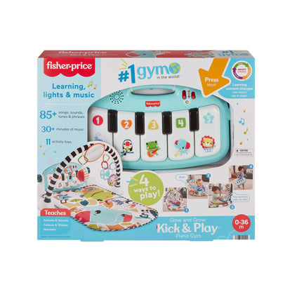 Fisher-Price Baby Activity Mat Glow and Grow Kick & Play Piano Gym with colorful toys and musical piano, suitable for infants 0+ months.