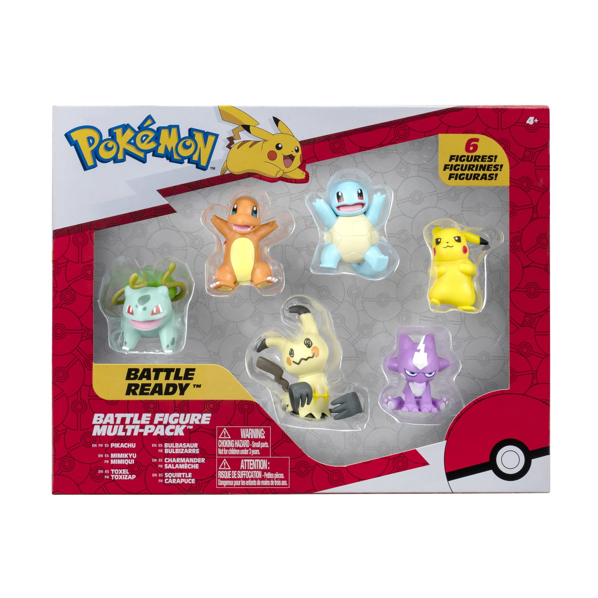 Pokémon Battle Figure 6 pack featuring 2-inch figures of Pikachu, Squirtle, Charmander, Bulbasaur, Mimikyu, and Toxel.
