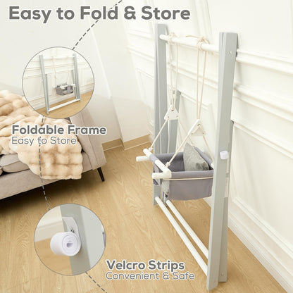 FUNLIO wooden toddler swing set with grey foldable design, durable pine frame, four sandbags, and extension straps for indoor or outdoor use.