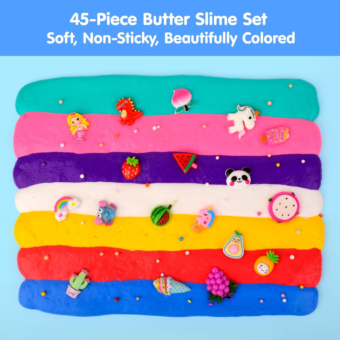 45-pack Kaoerdce butter slime kit with colorful soft, non-sticky slime for kids, stress relief, party favors, and classroom gifts.