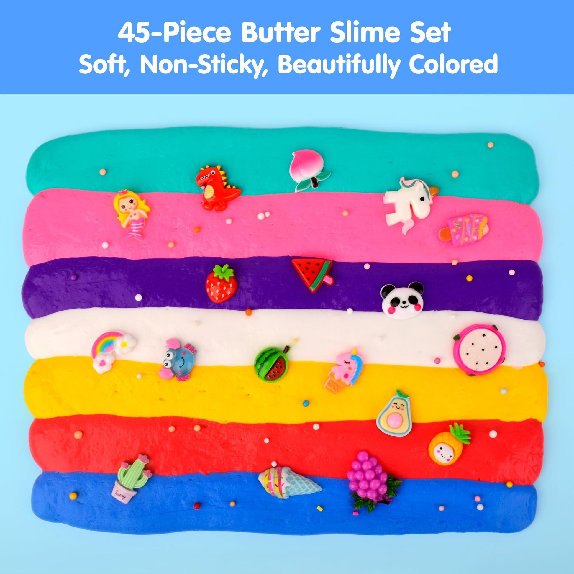 45-pack Kaoerdce butter slime kit with colorful soft, non-sticky slime for kids, stress relief, party favors, and classroom gifts.