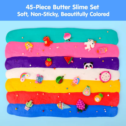 45-pack Kaoerdce butter slime kit with colorful soft, non-sticky slime for kids, stress relief, party favors, and classroom gifts.