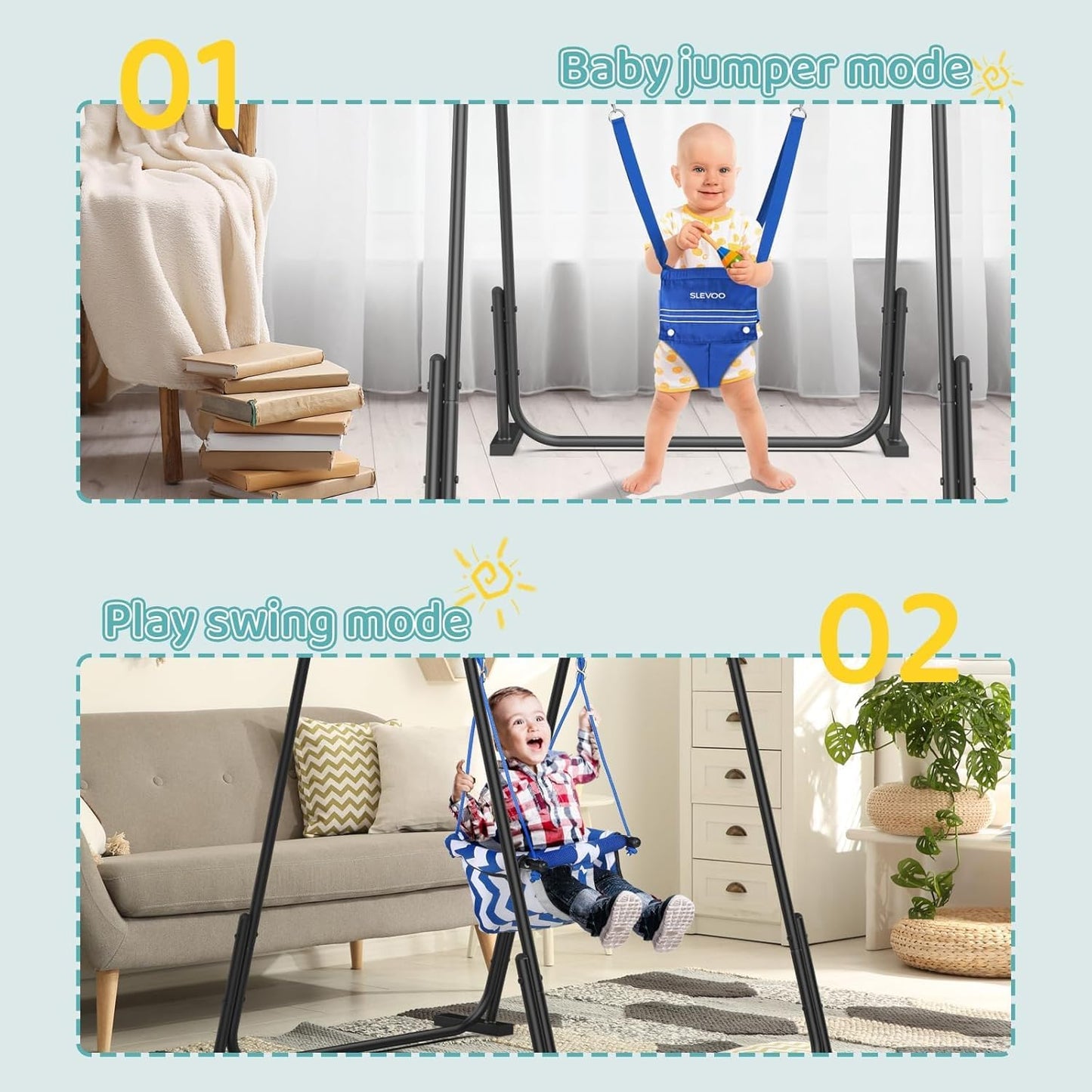 Slevoo 2-in-1 baby jumper and toddler swing set with blue foldable metal frame for indoor and outdoor play, suitable for ages 6 months to 6 years