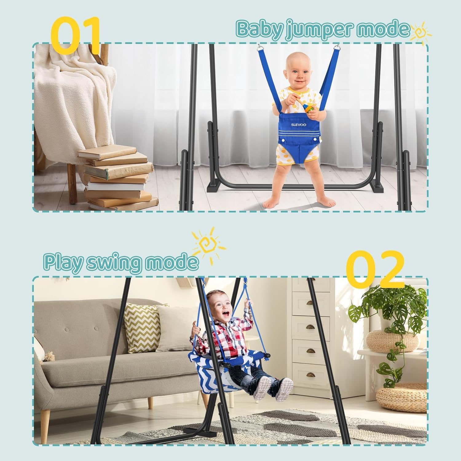 Slevoo 2-in-1 baby jumper and toddler swing set with blue foldable metal frame for indoor and outdoor play, suitable for ages 6 months to 6 years