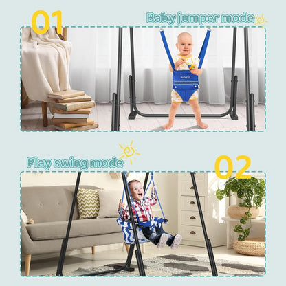 Slevoo 2-in-1 baby jumper and toddler swing set with blue foldable metal frame for indoor and outdoor play, suitable for ages 6 months to 6 years