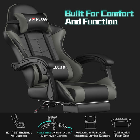 Vfalcon XTREME gaming chair in grey with ergonomic design, reclining feature, footrest, 360° swivel, and adjustable height.