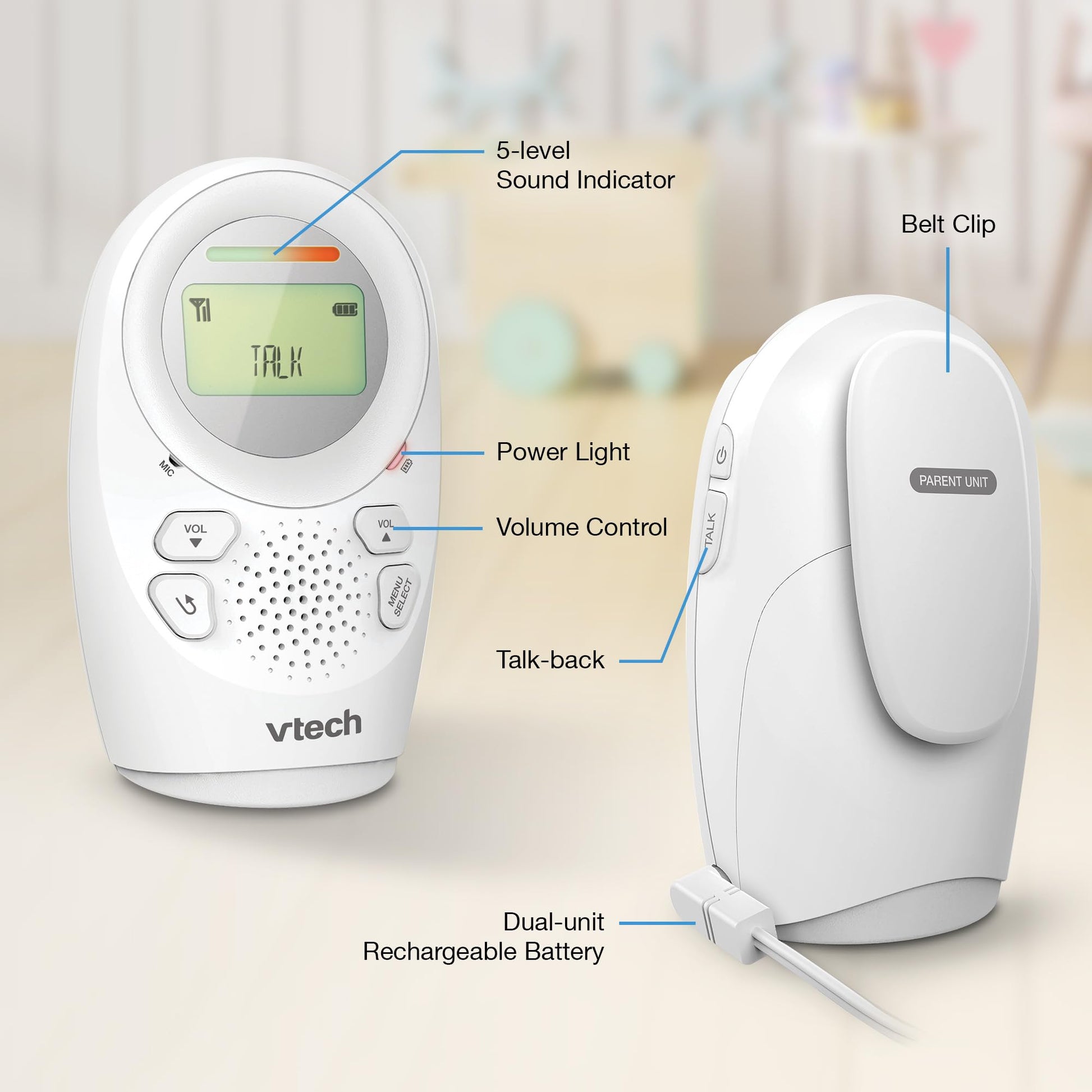 VTech DM1211 audio baby monitor with long range, 2-way talk, noise level display, temperature sensor, soothing sounds, and belt clip.