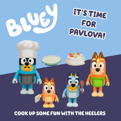 Bluey It's Time For Pavlova With This Pavlova 4 Pack, Includes, Bingo, Bandit In His Chef Hat and Chilli and 2 Accessories, Four 6-7.6 CM Articulated Figures