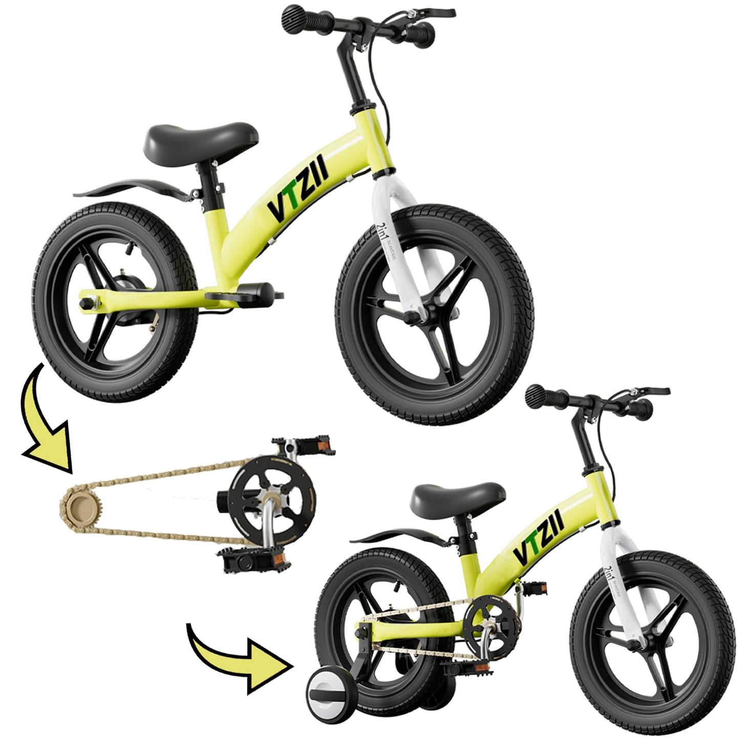 VTZII Balance Bike 2 in 1 with Pedals Brake Training Wheels Kickstand Pneumatic tyre,for Kids 2-7 Years Old,Kids Bike 12 14 16 inch (Green, 12 inch)